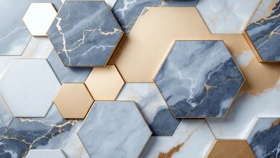 The primary subject of the image is a wall with a pattern of hexagons made of marble. The setting is a room with a marble surface, and the visual style is a close-up of the marble pattern. The dominant colors are blue and gold, creating a luxurious and elegant atmosphere.
