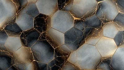 The primary subject of the image is a close-up of a wall with a pattern of hexagons. The setting is a room with a patterned wall, and the visual style is a black and white photo. The dominant colors are black and white, and the overall atmosphere is artistic and intricate.