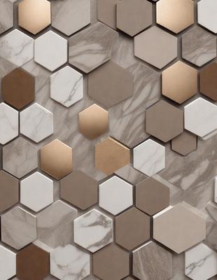The primary subject of the image is a marble wall with a pattern of gold hexagons. The setting is a room with a marble floor, and the visual style is a combination of a photo and digital art. The dominant colors are gold and brown, creating a warm and luxurious atmosphere.