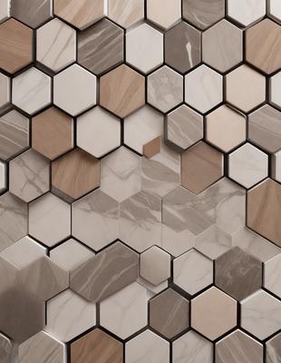 The primary subject of the image is a marble tile wall with a pattern of hexagons. The setting is a bathroom, and the visual style is a photo. The dominant colors are brown and white, creating a warm and natural atmosphere.