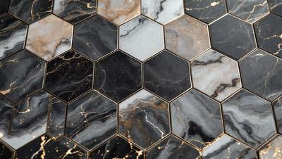 The primary subject of the image is a black and gold marble tile pattern. The setting is a black and gold marble tile wall, which serves as the background. The visual style is a close-up of the tile pattern, showcasing the intricate details of the marble. The colors and mood of the image are predominantly black and gold, giving it a luxurious and elegant appearance.