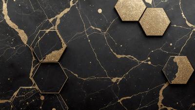 The primary subject of the image is a black marble surface with gold hexagons on it. The setting is a black background, and the visual style is a close-up of the marble surface. The colors and mood of the image are dark and sophisticated, with the gold hexagons adding a touch of luxury and elegance.