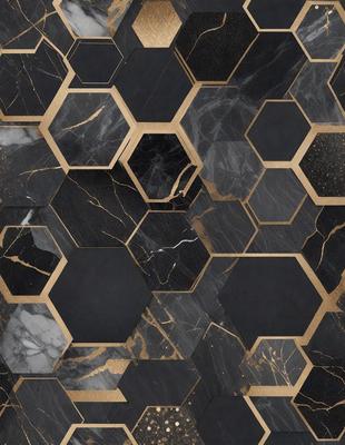 The primary subject of the image is a black and gold marble tile pattern. The setting is a black and gold marble tile wall, which serves as the background. The visual style is a close-up of the marble tile pattern, showcasing the intricate design. The colors and mood of the image are predominantly black and gold, giving it a luxurious and elegant appearance.