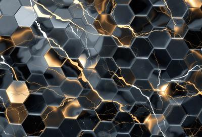 The primary subject of the image is a close-up of a black and gold honeycomb pattern. The setting is a black and gold background, which creates a visually striking contrast with the honeycomb pattern. The visual style is a combination of photo and digital art, as the honeycomb pattern appears to be a digital creation. The dominant colors are black and gold, giving the image a rich and luxurious appearance.