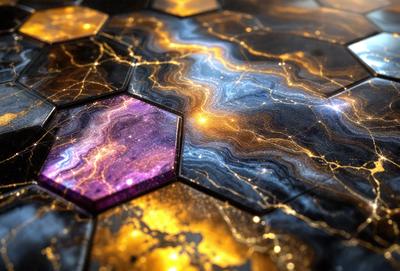 The primary subject of the image is a hexagonal pattern with a purple and blue background. The setting is a black and gold surface, which adds a contrasting effect to the overall visual style. The colors and mood of the image are vibrant and lively, with the purple and blue hues creating a sense of depth and contrast against the black and gold background.