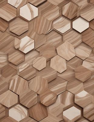 The primary subject of the image is a wooden wall with a unique pattern of hexagonal shapes. The setting is a room with a wooden floor, and the visual style appears to be a combination of a photo and digital art. The dominant colors are brown and beige, giving the wall a warm and natural appearance. The overall atmosphere is one of creativity and craftsmanship, as the hexagonal pattern adds a distinctive touch to the room's design.