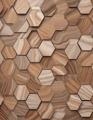 The primary subject of the image is a wooden wall with a unique pattern of hexagonal shapes. The setting is a room with a wooden floor, and the visual style appears to be a combination of a photo and a digital artwork. The dominant colors are brown and beige, giving the wall a warm and natural appearance. The overall atmosphere of the image is one of creativity and craftsmanship, showcasing the intricate design of the wooden wall.