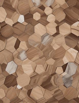 The primary subject of the image is a wooden surface with a pattern of hexagons. The setting is a close-up of the wooden surface, showcasing the intricate design of the hexagons. The visual style is a combination of a photo and digital art, as the wooden surface appears to be a photograph with a digital artistic touch. The colors and mood of the image are predominantly brown and earthy tones, giving it a natural and warm atmosphere.