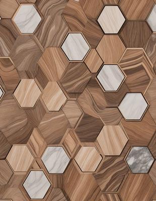 The primary subject of the image is a patterned wall made of wood and marble. The setting is a room with a wooden floor. The visual style is a combination of a photo and digital art, creating a unique and intricate design. The colors and mood of the image are predominantly brown and earthy tones, giving the space a warm and natural ambiance.