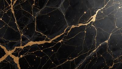 The primary subject of the image is a black and gold marbled surface, which appears to be a wall or a piece of art. The setting is a dark room, and the visual style is a combination of a photo and digital art. The colors and mood of the image are dark and moody, with the gold and black colors creating a striking contrast.