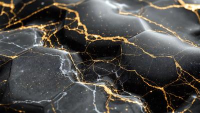 The primary subject of the image is a close-up of a black marble surface with gold streaks. The setting is a dark room, and the visual style appears to be a combination of a photo and digital art. The dominant colors are black and gold, creating a striking and luxurious atmosphere.