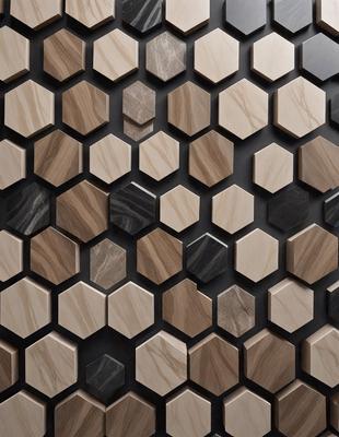 The primary subject of the image is a patterned wall made of wood. The setting is a black background, and the visual style is a close-up of the patterned wall. The dominant colors are brown and black, creating a mood of sophistication and elegance.