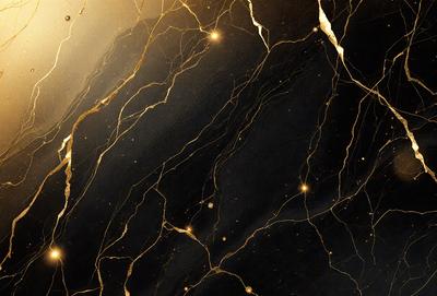 The primary subject of the image is a close-up of a marble surface with gold streaks. The setting is a dark room, and the visual style is a combination of a photo and digital art. The colors and mood of the image are predominantly dark, with the gold streaks adding a touch of warmth and elegance.