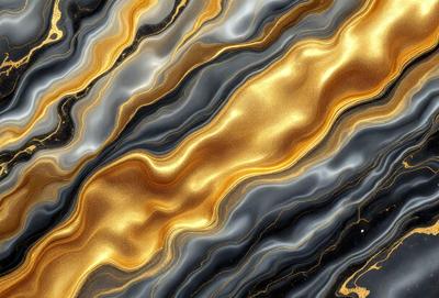 The primary subject of the image is a close-up of a marble or stone surface with a gold and black pattern. The setting is a natural environment, possibly a rock formation or a wall. The visual style is a combination of a photo and digital art, creating a unique and intricate design. The colors and mood of the image are dominated by the gold and black colors, giving it a luxurious and elegant appearance.