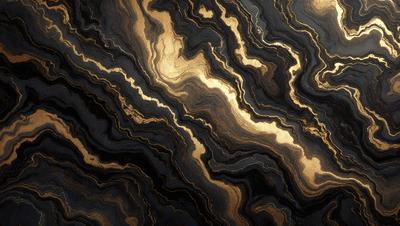 The primary subject of the image is a close-up of a marble surface with a gold-like pattern. The setting is a dark room, and the visual style appears to be a combination of a photo and a digital art or illustration. The dominant colors are black and gold, creating a rich and luxurious atmosphere.