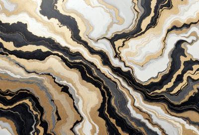 The primary subject of the image is a marble-like pattern, which is the main focus of the image. The setting is a marble-like surface, and the visual style appears to be a combination of a photo and digital art. The colors and mood of the image are predominantly black and gold, giving it a sophisticated and elegant appearance.