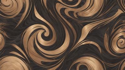 The primary subject of the image is a wooden surface with a swirling pattern. The setting is a black and brown background, which contrasts with the wooden surface. The visual style is a combination of a photo and a digital art, illustration, or drawing. The dominant colors are black, brown, and gold, creating a warm and natural atmosphere.