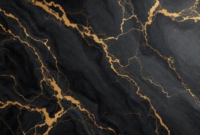 The primary subject of the image is a black and gold marbled wallpaper. The setting is a black background, which contrasts with the gold and black marbled pattern. The visual style is a close-up of the marbled wallpaper, showcasing its intricate design. The colors and mood of the image are predominantly dark, with the gold and black marbled pattern adding a touch of elegance and sophistication.