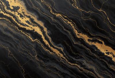 The primary subject of the image is a marble countertop with a gold-colored pattern. The setting is a kitchen, and the visual style is a close-up of the marble countertop. The colors and mood of the image are predominantly black and gold, giving it a luxurious and elegant appearance.