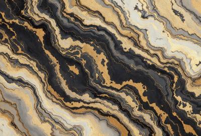 The primary subject of the image is a close-up of a marble-like stone with a gold and black color scheme. The setting is a rocky surface, and the visual style appears to be a combination of a photo and a digital art or illustration. The colors and mood of the image are rich and dramatic, with the gold and black tones creating a striking contrast.