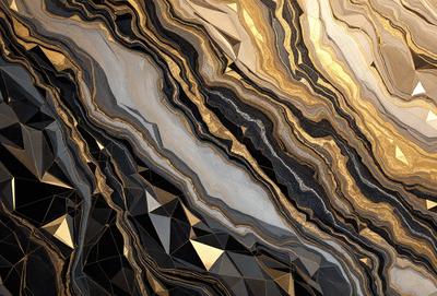 The primary subject of the image is a close-up of a rock formation, showcasing its intricate and textured surface. The setting is a natural environment, with the rock formation as the main focus. The visual style is a combination of photo and digital art, creating a realistic yet artistic representation of the rock formation. The dominant colors are black, gold, and various shades of gray, giving the image a dramatic and striking appearance.