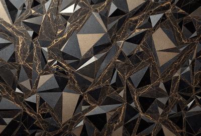 The primary subject of the image is a patterned wall with a black and gold color scheme. The setting is a room with a marble wall, and the visual style appears to be a combination of digital art and illustration. The dominant colors are black and gold, creating a luxurious and elegant atmosphere.