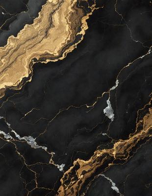 The primary subject of the image is a black marble countertop with gold veins running through it. The setting is a kitchen, and the visual style is a close-up of the marble countertop. The colors and mood of the image are predominantly black and gold, giving it a luxurious and elegant appearance.