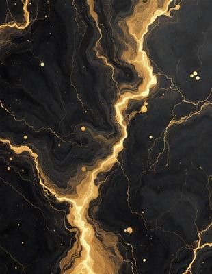 The primary subject of the image is a black and gold painting, featuring a swirling design with gold streaks. The setting is a black background, which contrasts with the gold and black colors of the painting. The visual style is a painting, which showcases the artist's skill in creating a dynamic and visually appealing piece of art. The colors and mood of the painting are rich and luxurious, with the gold streaks adding a sense of depth and movement to the overall composition.