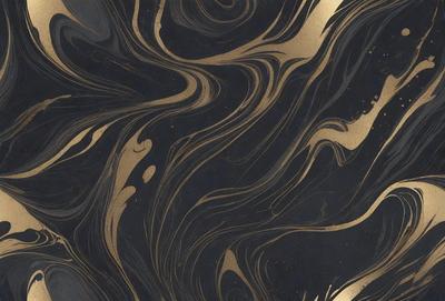 The primary subject of the image is a patterned surface, which appears to be a wallpaper or a textured wall. The setting is indoors, with the patterned surface being the main focus of the image. The visual style is a combination of photo and digital art, creating a unique and intricate design. The colors and mood of the image are predominantly dark, with gold accents adding a touch of warmth and sophistication.
