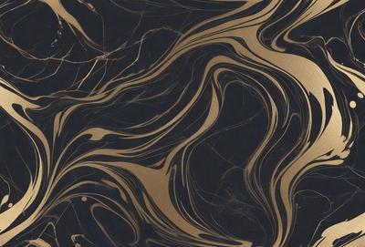 The primary subject of the image is a marble-like pattern with gold and black colors. The setting is a black background, and the visual style appears to be a combination of a photo and digital art. The dominant colors are gold and black, creating a luxurious and elegant atmosphere.