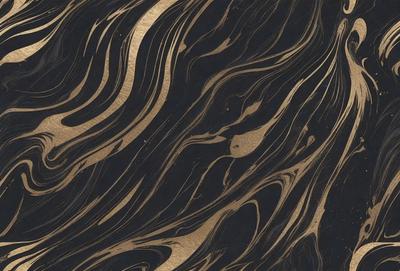 The primary subject of the image is a black and gold swirl pattern. The setting is a black background, and the visual style appears to be a combination of a photo and a digital art or illustration. The dominant colors are black and gold, creating a striking and elegant appearance.