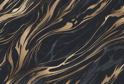The primary subject of the image is a close-up of a black and gold marbled surface, which appears to be a piece of art or a decorative item. The setting is a dark background, which contrasts with the gold and black colors of the marbled surface. The visual style is a combination of a photo and a digital art or illustration, as the marbled surface appears to be a digital creation or a photograph of a handmade art piece. The colors and mood of the image are dark and dramatic, with the