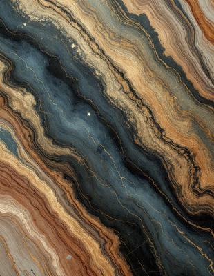 The primary subject of the image is a close-up of a marbled stone surface. The setting is a natural environment, with the stone surface being the main focus of the image. The visual style is a close-up, which emphasizes the intricate patterns and textures of the marbled stone. The colors and mood of the image are predominantly earthy tones, giving it a natural and organic feel.