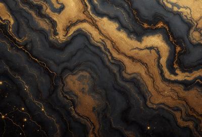 The primary subject of the image is a close-up of a marble-like surface with a gold and black color scheme. The setting is a dark room, and the visual style appears to be a combination of a photo and digital art. The colors and mood of the image are rich and luxurious, with the gold and black elements creating a sense of sophistication and elegance.