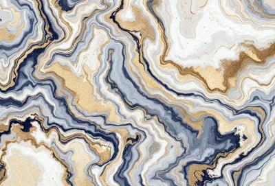 The primary subject of the image is a marble-like pattern, which is the main focus of the image. The setting is a marble-like surface, which serves as the backdrop for the pattern. The visual style of the image is a close-up of the marble-like pattern, showcasing its intricate details. The colors and mood of the image are predominantly blue and gold, giving it a luxurious and elegant appearance.