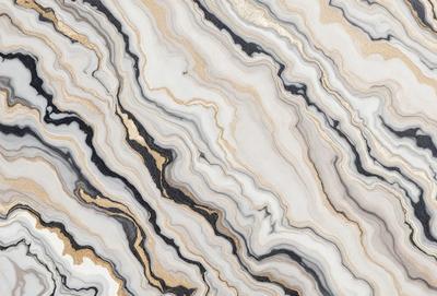 The primary subject of the image is a marble countertop with a gold and white pattern. The setting is a kitchen, and the visual style is a close-up of the marble countertop. The colors and mood of the image are predominantly gold and white, giving it a luxurious and elegant appearance.