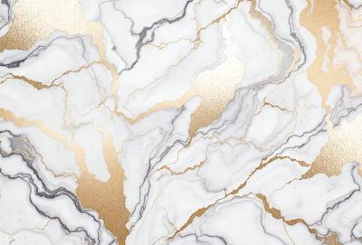 The primary subject of the image is a marble wall with a gold and white pattern. The setting is a room with a white marble floor. The visual style is a close-up of the marble wall, showcasing the intricate gold and white pattern. The colors and mood of the image are elegant and sophisticated, with the gold and white pattern adding a touch of luxury and refinement to the overall atmosphere.