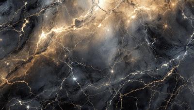 The primary subject of the image is a marble surface with a pattern of light and dark streaks. The setting is a dark room, and the visual style is a close-up of the marble surface. The colors and mood of the image are predominantly dark, with the light streaks adding a touch of contrast and interest to the overall atmosphere.
