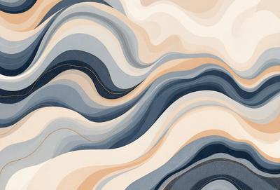 The primary subject of the image is a large, colorful painting of waves. The setting is a white wall, and the visual style is a combination of digital art and illustration. The dominant colors in the painting are blue, white, and gray, creating a calming and serene atmosphere.
