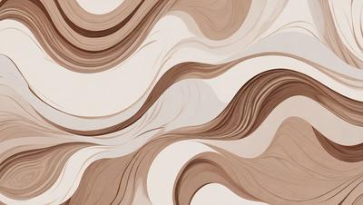 The primary subject of the image is a painting or drawing of a wave pattern. The setting is a white wall, and the visual style appears to be a combination of photo and digital art. The colors and mood of the image are predominantly brown and white, creating a sense of depth and texture.