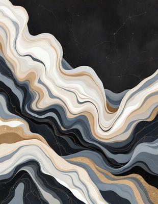 The primary subject of the image is a large, intricate, and colorful painting of waves. The painting is set against a black background, which contrasts with the vibrant colors of the waves. The visual style of the painting is a combination of digital art and illustration, creating a unique and captivating piece of art. The dominant colors in the painting are white, gray, and blue, which evoke a sense of calmness and tranquility.