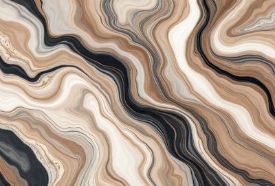 The primary subject of the image is a close-up of a wooden surface with a pattern of swirls and stripes. The setting is a room with a wooden floor, and the visual style appears to be a combination of a photo and a digital art or illustration. The colors and mood of the image are predominantly brown and black, giving it a natural and textured appearance.