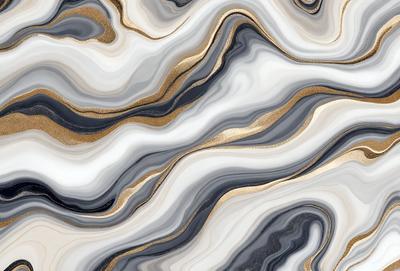 The primary subject of the image is a marble-like pattern with gold and white colors. The setting is a marble-like surface, which could be a wall or a countertop. The visual style is a close-up of the marble pattern, showcasing its intricate details. The colors and mood of the image are elegant and sophisticated, with the gold and white colors creating a luxurious and timeless atmosphere.