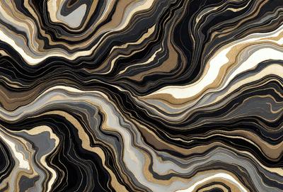 The primary subject of the image is a close-up of a marble-like patterned surface. The setting is a black and gold patterned background, which adds a sense of depth and contrast to the scene. The visual style is a combination of a photo and digital art, creating a unique and intricate design. The colors and mood of the image are predominantly black and gold, giving it a luxurious and elegant appearance.