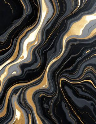 The primary subject of the image is a black and gold marbled pattern. The setting is a dark background, which contrasts with the gold and black pattern. The visual style is a close-up of the marbled pattern, showcasing its intricate details. The colors and mood of the image are predominantly dark, with the gold and black pattern providing a touch of elegance and sophistication.