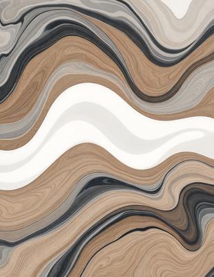 The primary subject of the image is a patterned surface, which appears to be a combination of wood and marble. The setting is a room with a white wall, and the visual style is a mix of photo and digital art. The colors and mood of the image are predominantly brown and black, giving it a modern and sophisticated appearance.