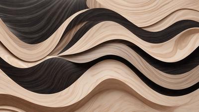 The primary subject of the image is a wooden wall with a pattern of waves. The setting is a room with a wooden floor, and the visual style is a combination of a photo and digital art. The dominant colors are brown and black, creating a warm and sophisticated atmosphere.