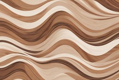 The primary subject of the image is a wooden surface with a wave pattern. The setting is a wooden wall, and the visual style is a patterned design. The dominant colors are brown and beige, creating a warm and natural atmosphere.