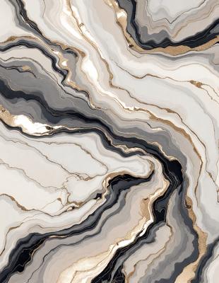 The primary subject of the image is a marble-like pattern with gold accents. The setting is a white and black marble-like surface, which serves as the background. The visual style is a combination of a photo and digital art, creating a unique and intricate design. The dominant colors are white, black, and gold, giving the pattern a luxurious and elegant appearance.