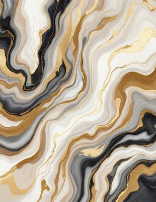 The primary subject of the image is a marble-like pattern with gold and black colors. The setting is a white and black marble-like surface, which serves as the background. The visual style is a combination of a photo and digital art, creating a unique and intricate pattern. The colors and mood of the image are bold and striking, with the gold and black colors adding a sense of luxury and sophistication.